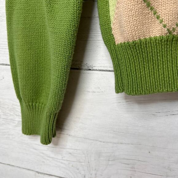 Izod Golf Sweater Womens Size Small Pink Beige & Green Argyle V Neck 100% Cotton - Picture 5 of 16